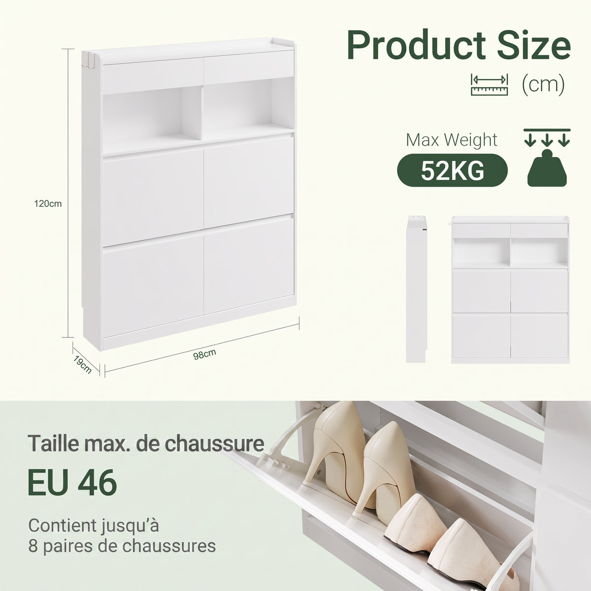 SoBuy FSR224-E-W Meuble à Chaussures Étroit avec LED et 2 Tiroirs – Abattants, 12 Paires – 98×19×120 cm, Blanc