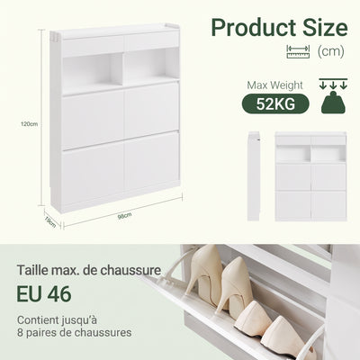 SoBuy FSR224-E-W Meuble à Chaussures Étroit avec LED et 2 Tiroirs – Abattants, 12 Paires – 98×19×120 cm, Blanc