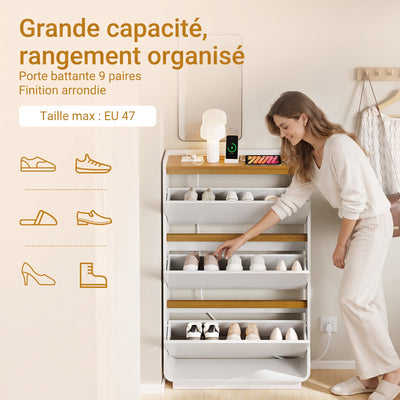 SoBuy FSR228-E-W Meuble à Chaussures Ultra Fin avec USB-C – 15 cm de Profondeur, 9 Paires, Fixation Murale, Blanc, 72 × 15 × 126 cm