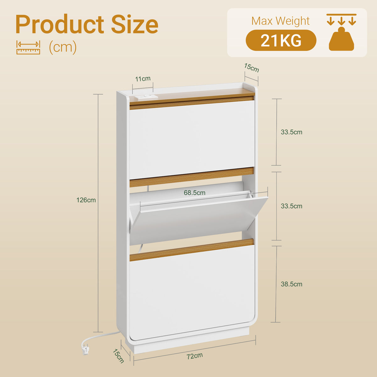 SoBuy FSR228-E-W Meuble à Chaussures Ultra Fin avec USB-C – 15 cm de Profondeur, 9 Paires, Fixation Murale, Blanc, 72 × 15 × 126 cm