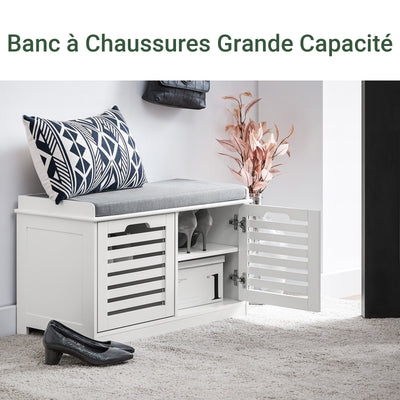 SoBuy FSR23-II-W Banc à Chaussures avec Coussin Rembourré, 2 Portes et 4 Compartiments Ouverts pour Entrée – 71x35x43 cm, Blanc