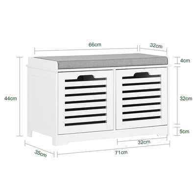 SoBuy FSR23-K-W Banc à Chaussures avec Coussin Rembourré et 2 Cubes de Rangement pour Entrée – 71x34x43 cm, Blanc
