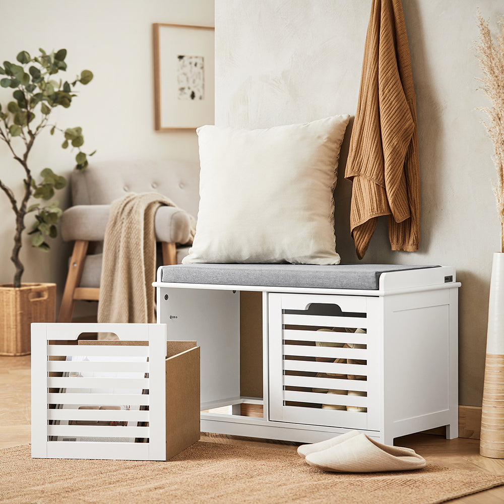 SoBuy FSR23-K-W Banc à Chaussures avec Coussin Rembourré et 2 Cubes de Rangement pour Entrée – 71x34x43 cm, Blanc