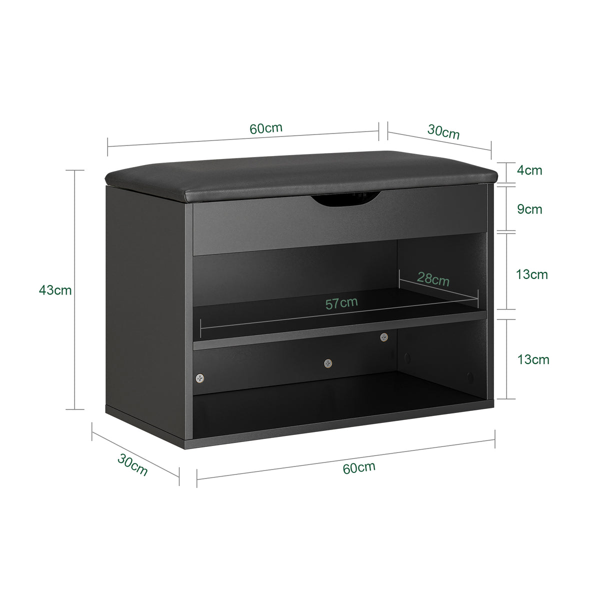 SoBuy FSR25-SCH Banc à Chaussures 3-en-1 avec Assise Rembourrée, Rangement Caché sous Rabat et 2 Étagères Ouvertes, Charge 113 kg – Noir, 60×30×43 cm