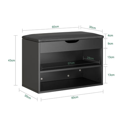 SoBuy FSR25-SCH Banc à Chaussures 3-en-1 avec Assise Rembourrée, Rangement Caché sous Rabat et 2 Étagères Ouvertes, Charge 113 kg – Noir, 60×30×43 cm