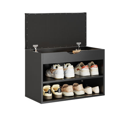 SoBuy FSR25-SCH Banc à Chaussures 3 en 1 avec Assise Rembourrée, Rangement Abattant et 2 Étagères – Noir, 60×30×43 cm
