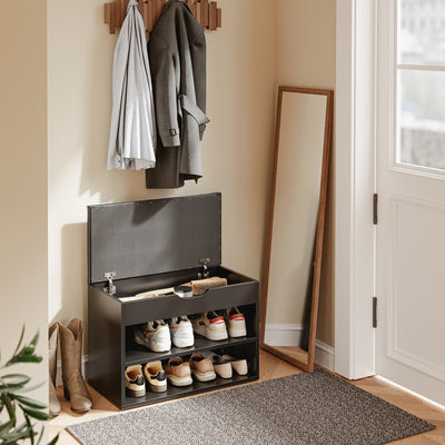 SoBuy FSR25-SCH Banc à Chaussures 3-en-1 avec Assise Rembourrée, Rangement Caché sous Rabat et 2 Étagères Ouvertes, Charge 113 kg – Noir, 60×30×43 cm