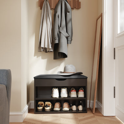 SoBuy FSR25-SCH Banc à Chaussures 3-en-1 avec Assise Rembourrée, Rangement Caché sous Rabat et 2 Étagères Ouvertes, Charge 113 kg – Noir, 60×30×43 cm