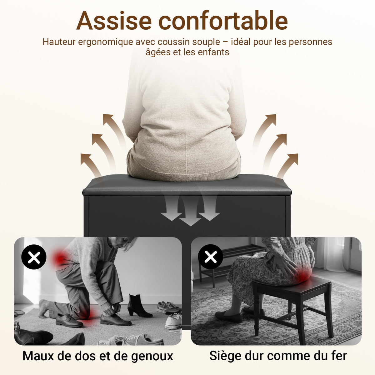 SoBuy FSR25-SCH Banc à Chaussures 3-en-1 avec Assise Rembourrée, Rangement Caché sous Rabat et 2 Étagères Ouvertes, Charge 113 kg – Noir, 60×30×43 cm