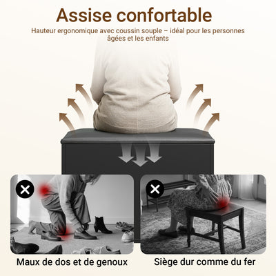 SoBuy FSR25-SCH Banc à Chaussures 3-en-1 avec Assise Rembourrée, Rangement Caché sous Rabat et 2 Étagères Ouvertes, Charge 113 kg – Noir, 60×30×43 cm