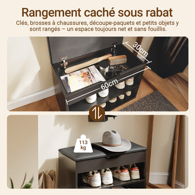 SoBuy FSR25-SCH Banc à Chaussures 3-en-1 avec Assise Rembourrée, Rangement Caché sous Rabat et 2 Étagères Ouvertes, Charge 113 kg – Noir, 60×30×43 cm