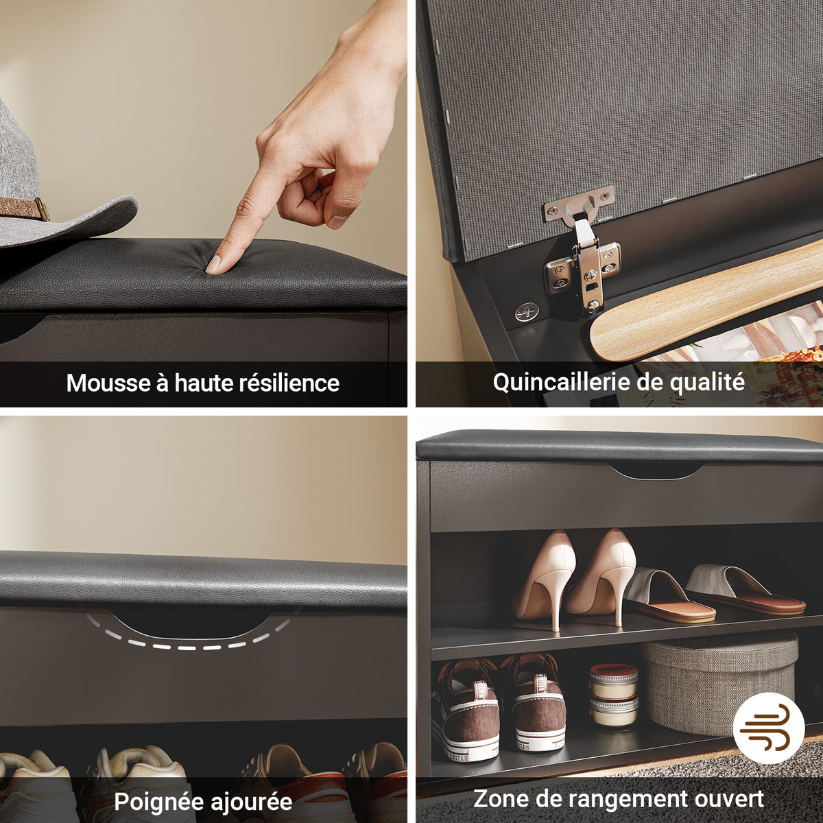 SoBuy FSR25-SCH Banc à Chaussures 3-en-1 avec Assise Rembourrée, Rangement Caché sous Rabat et 2 Étagères Ouvertes, Charge 113 kg – Noir, 60×30×43 cm