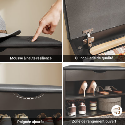 SoBuy FSR25-SCH Banc à Chaussures 3-en-1 avec Assise Rembourrée, Rangement Caché sous Rabat et 2 Étagères Ouvertes, Charge 113 kg – Noir, 60×30×43 cm