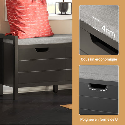 SoBuy FSR63-II-SCH Banc à Chaussures avec Coussin Rembourré et 2 Portes – L91×P30×H50 cm, Charge 150 kg, MDF E1, Noir