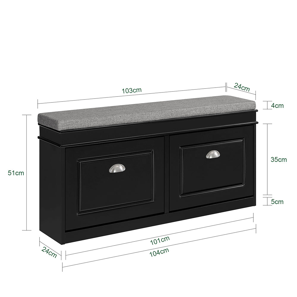 SoBuy FSR64-SCH Banc à Chaussures 2 Abattants avec Coussin Rembourré, Coffre de Rangement pour Entrée – 104x24x51 cm, Noir
