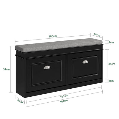 SoBuy FSR64-SCH Banc à Chaussures 2 Abattants avec Coussin Rembourré, Coffre de Rangement pour Entrée – 104x24x51 cm, Noir