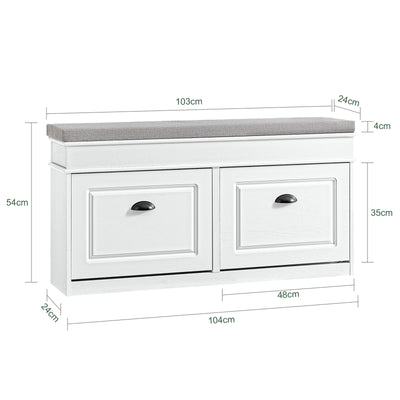 SoBuy FSR64-WG + FSR78-WG – Ensemble Meubles à Chaussures Entrée, Banc à Chaussures avec Coussin + Meuble à Chaussures 2 Abattants, Gain de Place, Rangement 16 Paires, Effet Bois Vieilli Blanc
