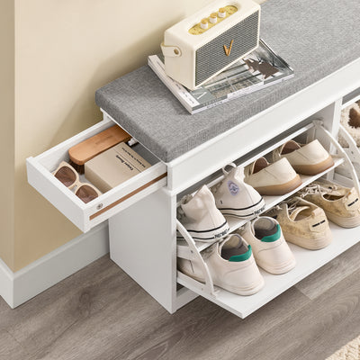 SoBuy FSR64-WG + FSR78-WG – Ensemble Meubles à Chaussures Entrée, Banc à Chaussures avec Coussin + Meuble à Chaussures 2 Abattants, Gain de Place, Rangement 16 Paires, Effet Bois Vieilli Blanc