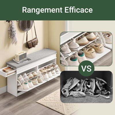 SoBuy FSR64-WG + FSR78-WG – Ensemble Meubles à Chaussures Entrée, Banc à Chaussures avec Coussin + Meuble à Chaussures 2 Abattants, Gain de Place, Rangement 16 Paires, Effet Bois Vieilli Blanc