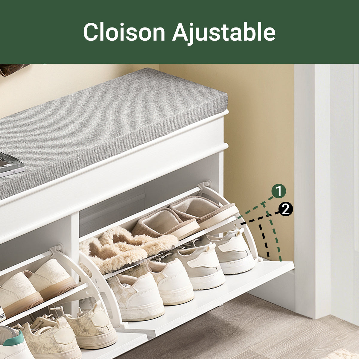 SoBuy FSR64-WG + FSR78-WG – Ensemble Meubles à Chaussures Entrée, Banc à Chaussures avec Coussin + Meuble à Chaussures 2 Abattants, Gain de Place, Rangement 16 Paires, Effet Bois Vieilli Blanc