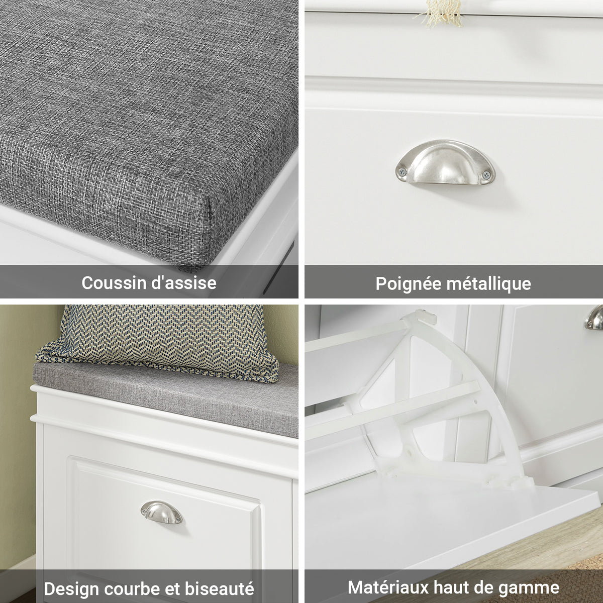 SoBuy Lot Meubles à Chaussures Blanc FSR94-W + FSR64-W – Armoire 3 Abattants 12 Paires & Banc à Chaussures avec Rangement & Coussin, Entrée Étroit