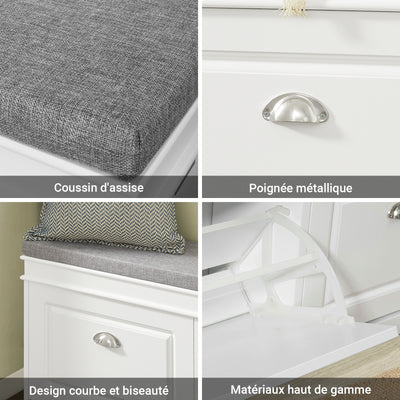 SoBuy Lot Meubles à Chaussures Blanc FSR94-W + FSR64-W – Armoire 3 Abattants 12 Paires & Banc à Chaussures avec Rangement & Coussin, Entrée Étroit