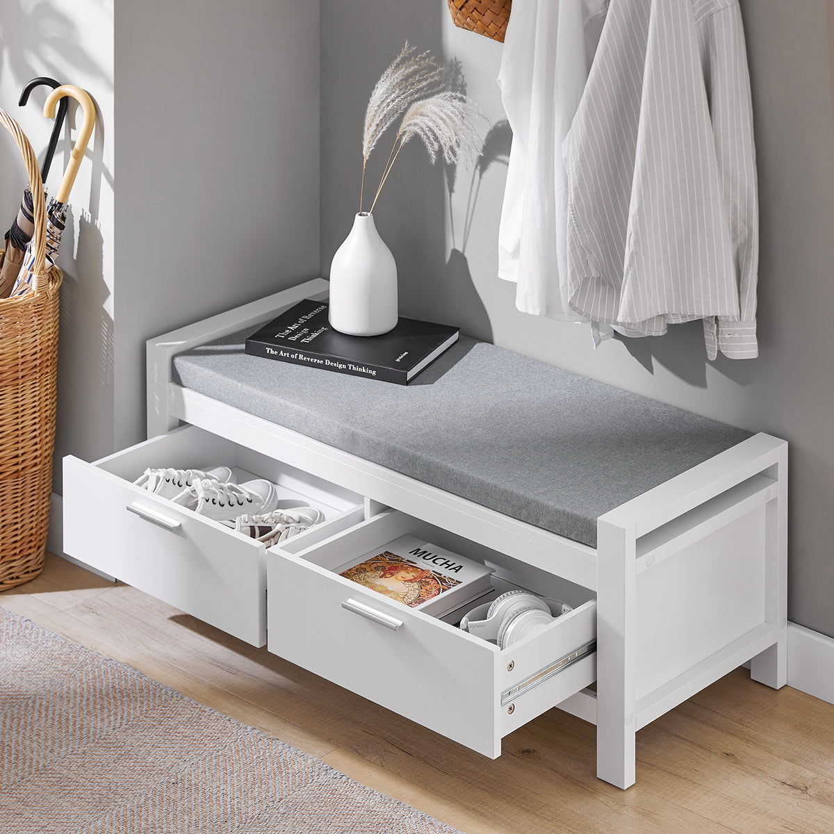 SoBuy FSR74-W Banc à Chaussures avec Coussin Rembourré et Rangement pour Entrée Couloir – 100x40x40 cm, Blanc