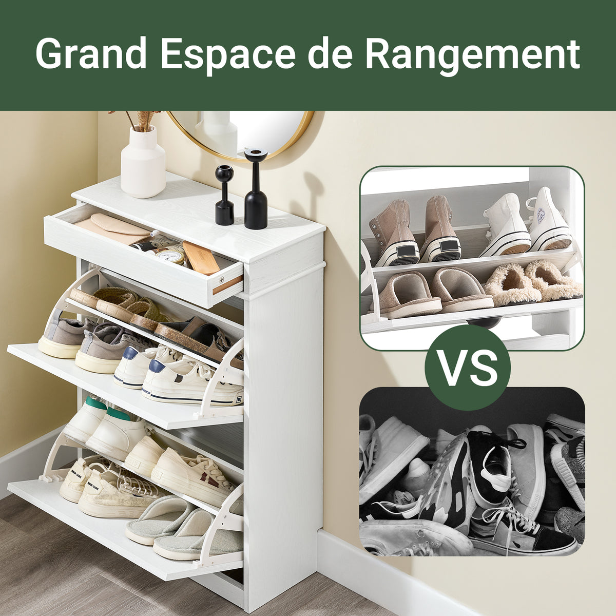SoBuy FSR64-WG + FSR78-WG – Ensemble Meubles à Chaussures Entrée, Banc à Chaussures avec Coussin + Meuble à Chaussures 2 Abattants, Gain de Place, Rangement 16 Paires, Effet Bois Vieilli Blanc