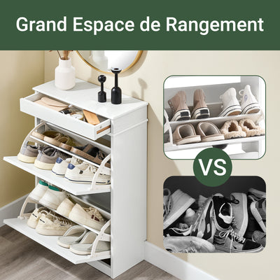 SoBuy FSR64-WG + FSR78-WG – Ensemble Meubles à Chaussures Entrée, Banc à Chaussures avec Coussin + Meuble à Chaussures 2 Abattants, Gain de Place, Rangement 16 Paires, Effet Bois Vieilli Blanc