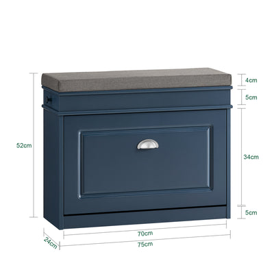 SoBuy FSR82-L-B Banc à Chaussures 75 cm avec Coussin Amovible, Abattant 2 Niveaux, Tiroir et Crochet, 150 kg, FSC® – Slim 24 cm, Bleu