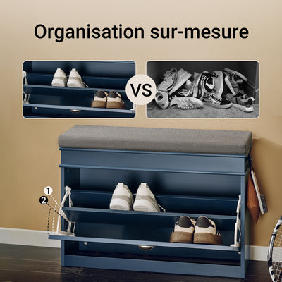 SoBuy FSR82-L-B Banc à Chaussures 75 cm avec Coussin Amovible, Abattant 2 Niveaux, Tiroir et Crochet, 150 kg, FSC® – Slim 24 cm, Bleu