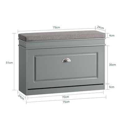 SoBuy FSR82-L-HG Banc à Chaussures avec Coussin – 75×24×51 cm, 1 Abattant, Gris, FSC®