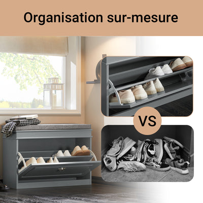 SoBuy FSR82-L-HG Banc à Chaussures avec Coussin – 75×24×51 cm, 1 Abattant, Gris, FSC®