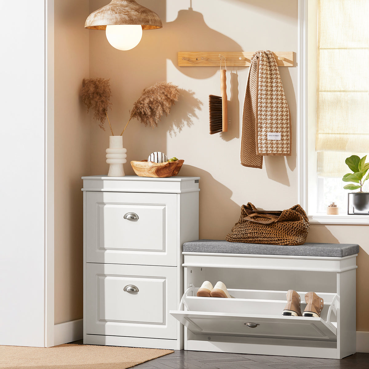 SoBuy Lot FSR82-L-W + FSR78-W – Ensemble Meubles à Chaussures Blanc, Banc avec Coussin + Meuble 2 Abattants 8 Paires, Rangement Entrée 2 Pièces