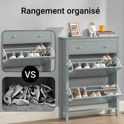 SoBuy FSR89-HG Armoire à Chaussures 2 Abattants avec Tiroir, Slim 25 cm, 12 Paires – 80x25x108 cm, Gris