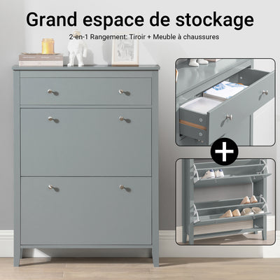 SoBuy FSR89-HG Armoire à Chaussures 2 Abattants avec Tiroir, Slim 25 cm, 12 Paires – 80x25x108 cm, Gris