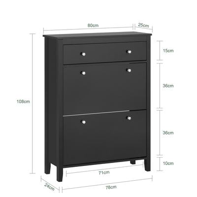 SoBuy FSR89-SCH Armoire à Chaussures 2 Abattants et Grand Tiroir, Rangement 12 Paires pour Entrée Couloir – 80x25x108 cm, Noir
