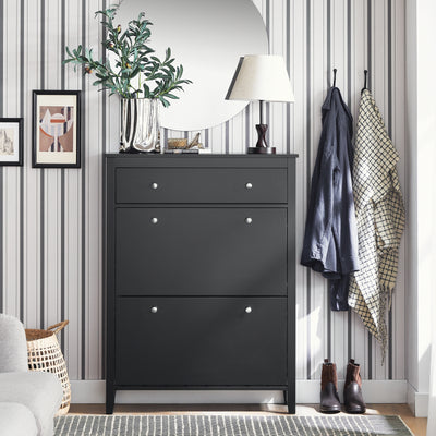 SoBuy FSR89-SCH Armoire à Chaussures 2 Abattants et Grand Tiroir, Rangement 12 Paires pour Entrée Couloir – 80x25x108 cm, Noir