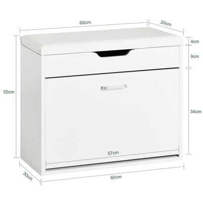 SoBuy FSR95-W Banc à Chaussures avec Coussin Rembourré et 1 Abattant – 8 Paires sur 2 Niveaux, Charge 150 kg, 60×30×50 cm, Blanc