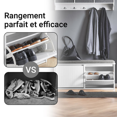 SoBuy FSR98-XL-W Banc à Chaussures avec Coussin Rembourré et 2 Abattants pour Entrée Couloir – 100x26x46 cm, Blanc
