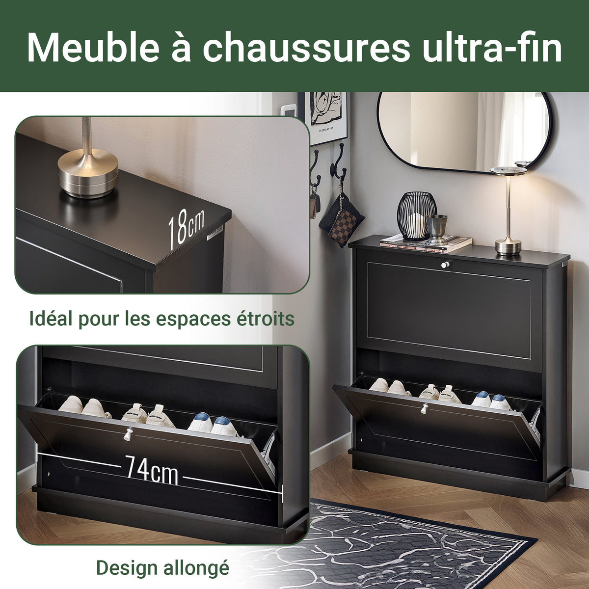 SoBuy FSR99-SCH Meuble à Chaussures Ultra-Slim 18cm, 2 Abattants, 8-10 Paires, Charge 30 kg – 76x18x78 cm, Noir