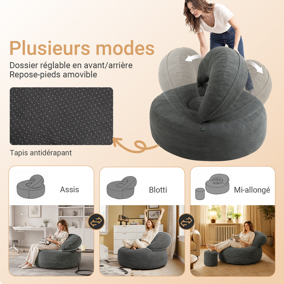 SoBuy FST100-DG Fauteuil de Salon en Velours Côtelé avec Repose-Pieds – Dossier Inclinable, Relax – 110×125×65 cm, Gris Foncé