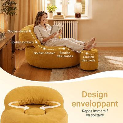 SoBuy FST100-Y Fauteuil Relax Scandinave en Velours Côtelé Jaune avec Pouf – Dossier Inclinable – 110×125×65 cm, Jaune