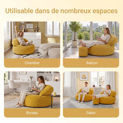SoBuy FST100-Y Fauteuil Relax Scandinave en Velours Côtelé Jaune avec Pouf – Dossier Inclinable – 110×125×65 cm, Jaune