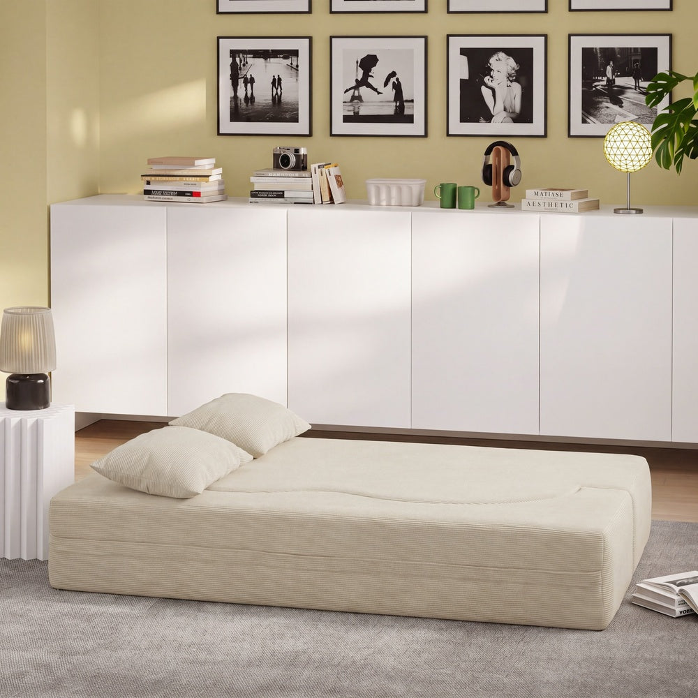 SoBuy FST101-MI Canapé-Lit Convertible Beige 2 Places – Lit d'Appoint Pliable, Velours Côtelé Confortable, 2 Coussins Inclus – 177×107×32 cm, Charge 227 kg