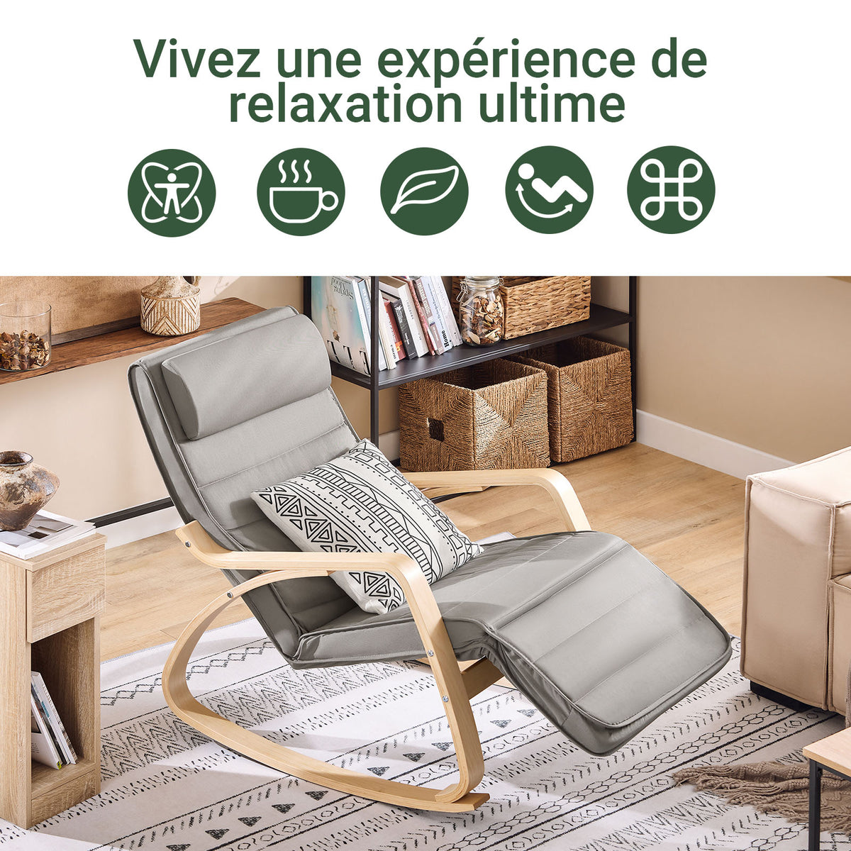 SoBuy FST16-DG Fauteuil a Bascule, Relax Rocking Chair, Chaise a Bascule avec Repose-Pieds et Appui-tête réglables, Gris