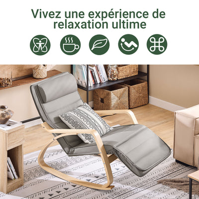 SoBuy FST16-DG Fauteuil a Bascule, Relax Rocking Chair, Chaise a Bascule avec Repose-Pieds et Appui-tête réglables, Gris