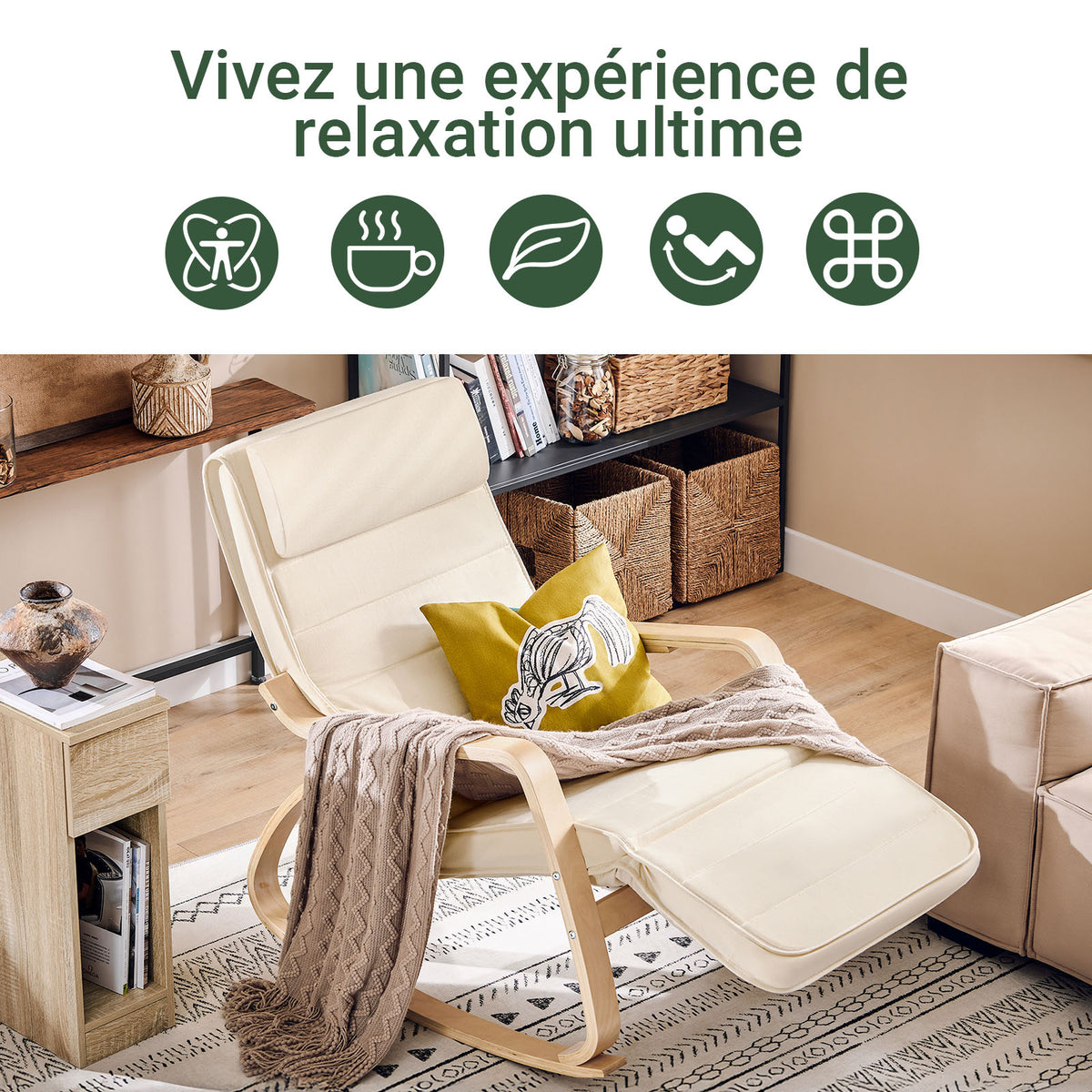 SoBuy FST16-W Fauteuil a Bascule, Relax Rocking Chair, Chaise a Bascule avec Repose-Pieds et Appui-tête réglables, Beige