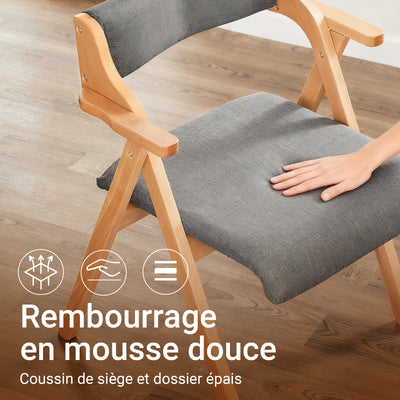 SoBuy FST98-HGx2 Lot de 2 Chaises Pliantes en Bois de Hêtre avec Coussin Déhoussable, Charge 150 kg – Chaises Salle à Manger, Cuisine et Salon, Gris