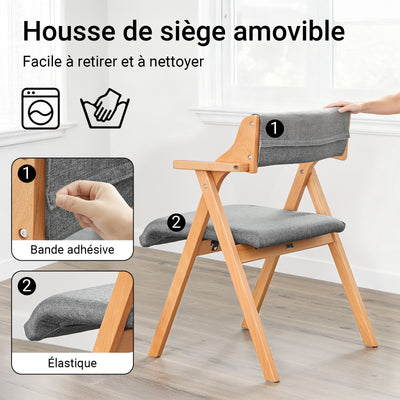 SoBuy FST98-HGx2 Lot de 2 Chaises Pliantes en Bois de Hêtre avec Coussin Déhoussable, Charge 150 kg – Chaises Salle à Manger, Cuisine et Salon, Gris